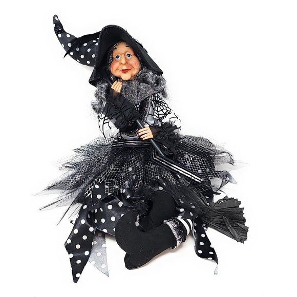 Halloween Witch 24" White Polka Dot Dress and Pointed Hat Party Decor Wreath Cen - Picture 4 of 6